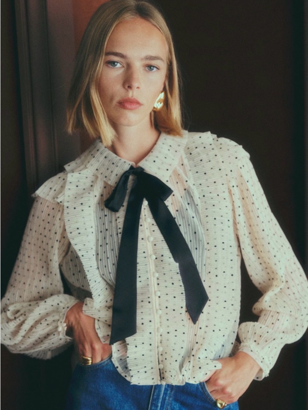 Sezane Cream Polka Dot Ruffled Blouse with Black Bow - Picture 1 of 11